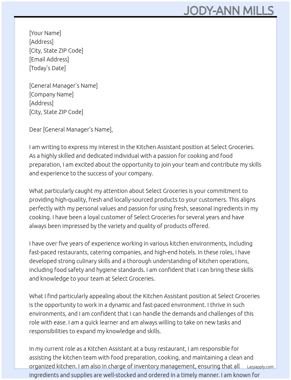 Kitchen assistant At Select groceries Cover Letter