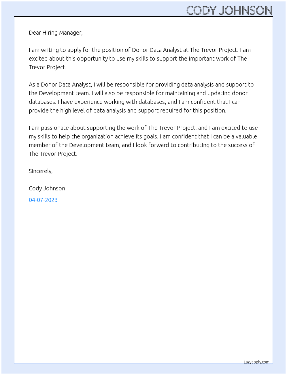 Donor Data Analyst At The Trevor Project Cover Letter