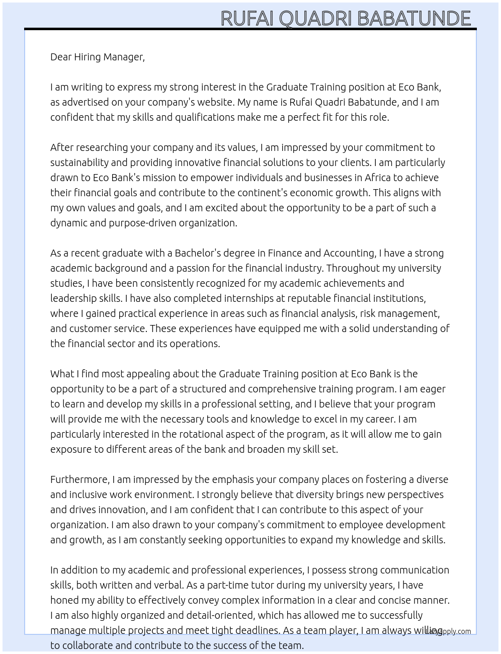 Graduate training  At Eco bank Cover Letter