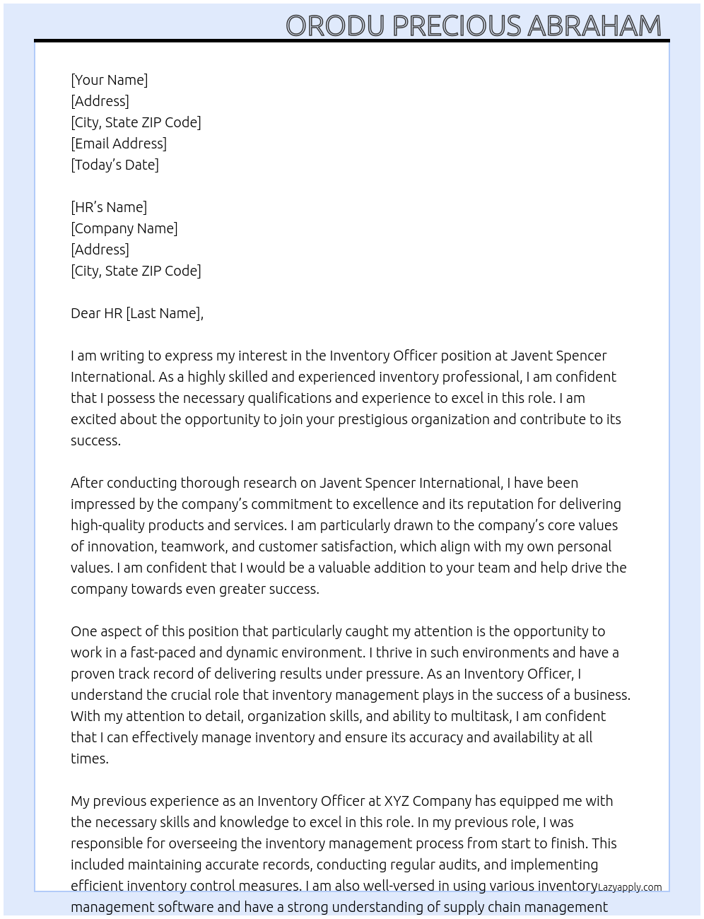 Inventory Officer At Javent Spencer international Cover Letter