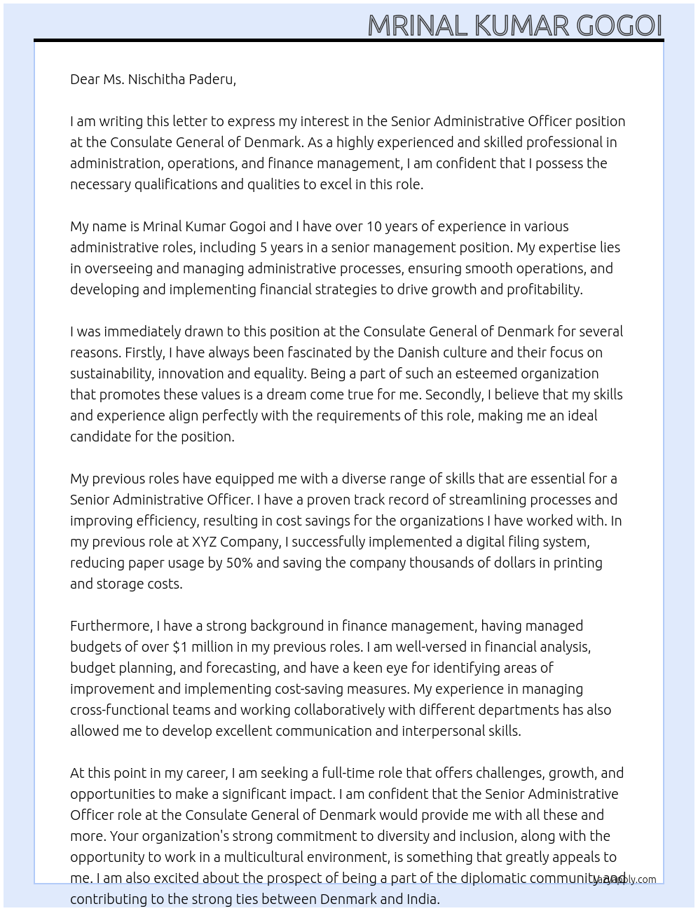 Senior Administrative officer At Consulate genral of Denmark Cover Letter