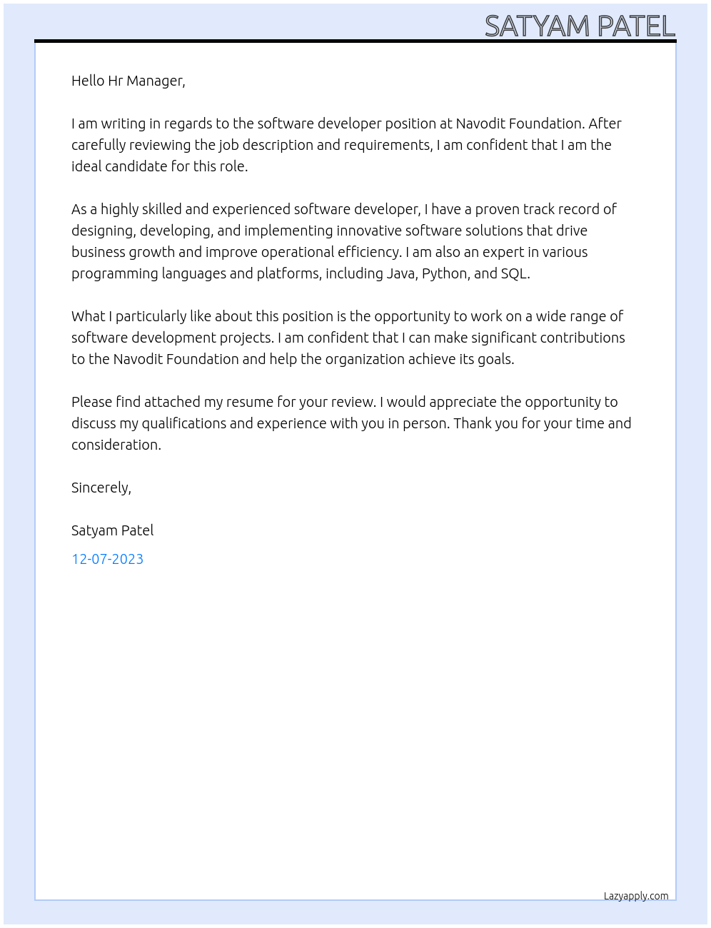 Software Develpoer At Navodit Foundation Cover Letter