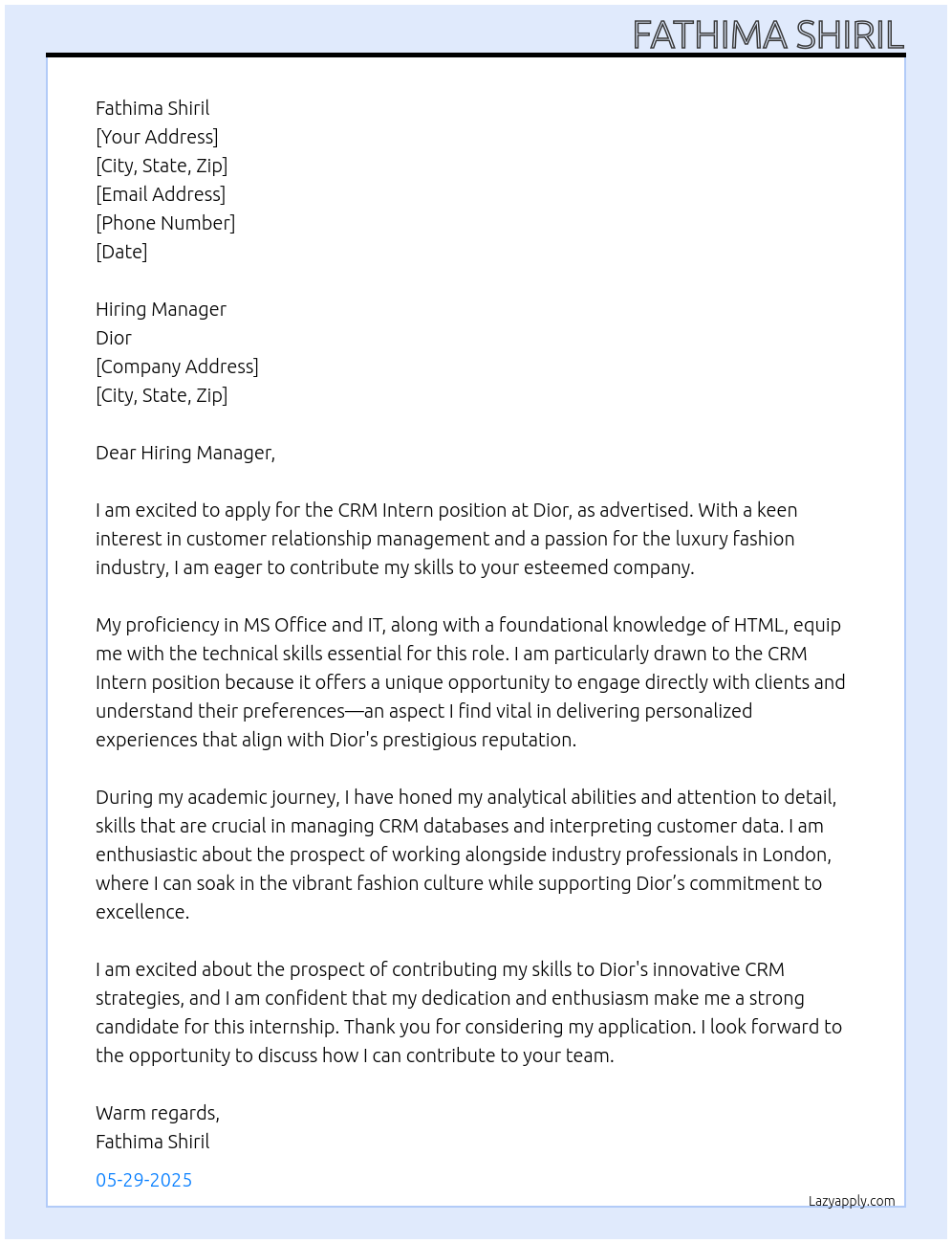 CRM intern at Dior  At Dior  Cover Letter
