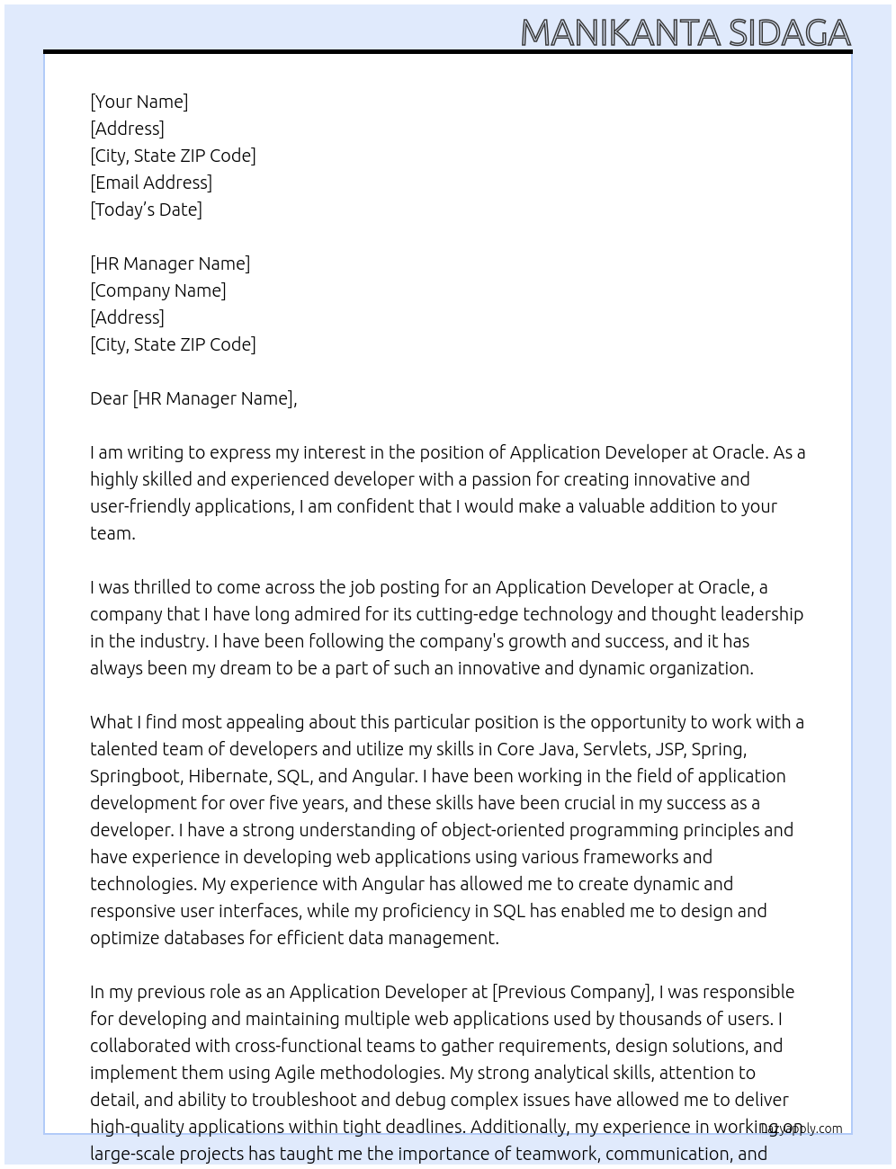 Application developer At Oracle Cover Letter