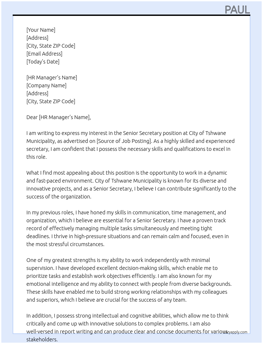 Senior Secretary At City of Tshwane Municipality Cover Letter