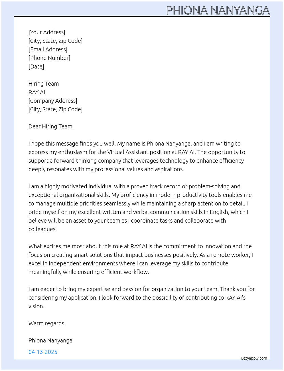 Virtual assistant At RAY AI Cover Letter