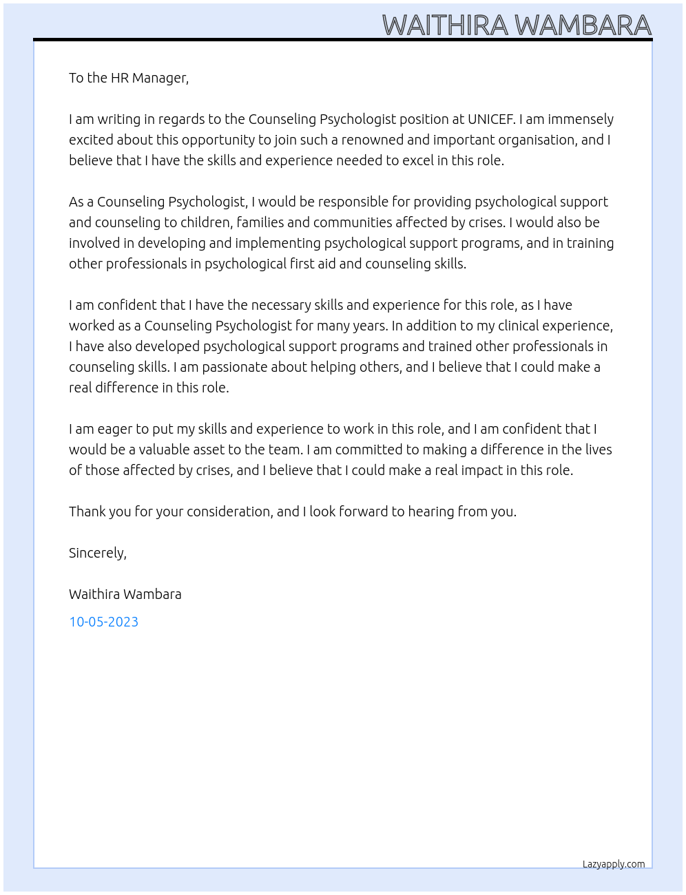 Counseling Psychologist At UNICEF Cover Letter