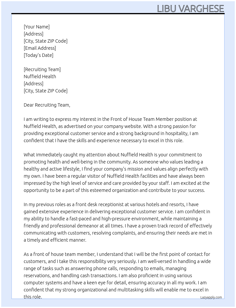 Front of house team member At Nuffield Health Cover Letter