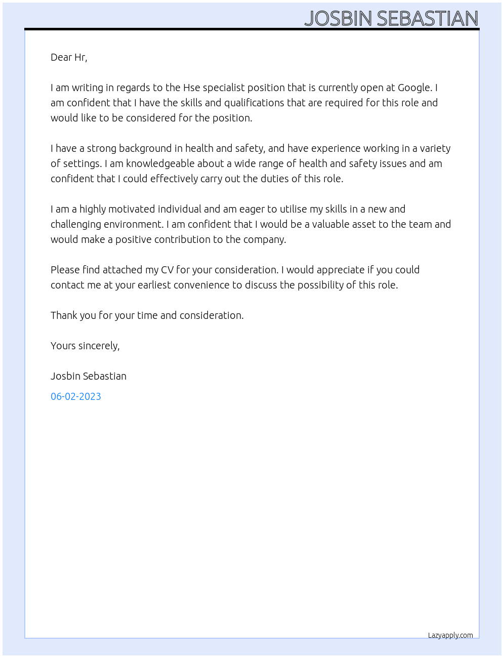 Hse specialist At google Cover Letter