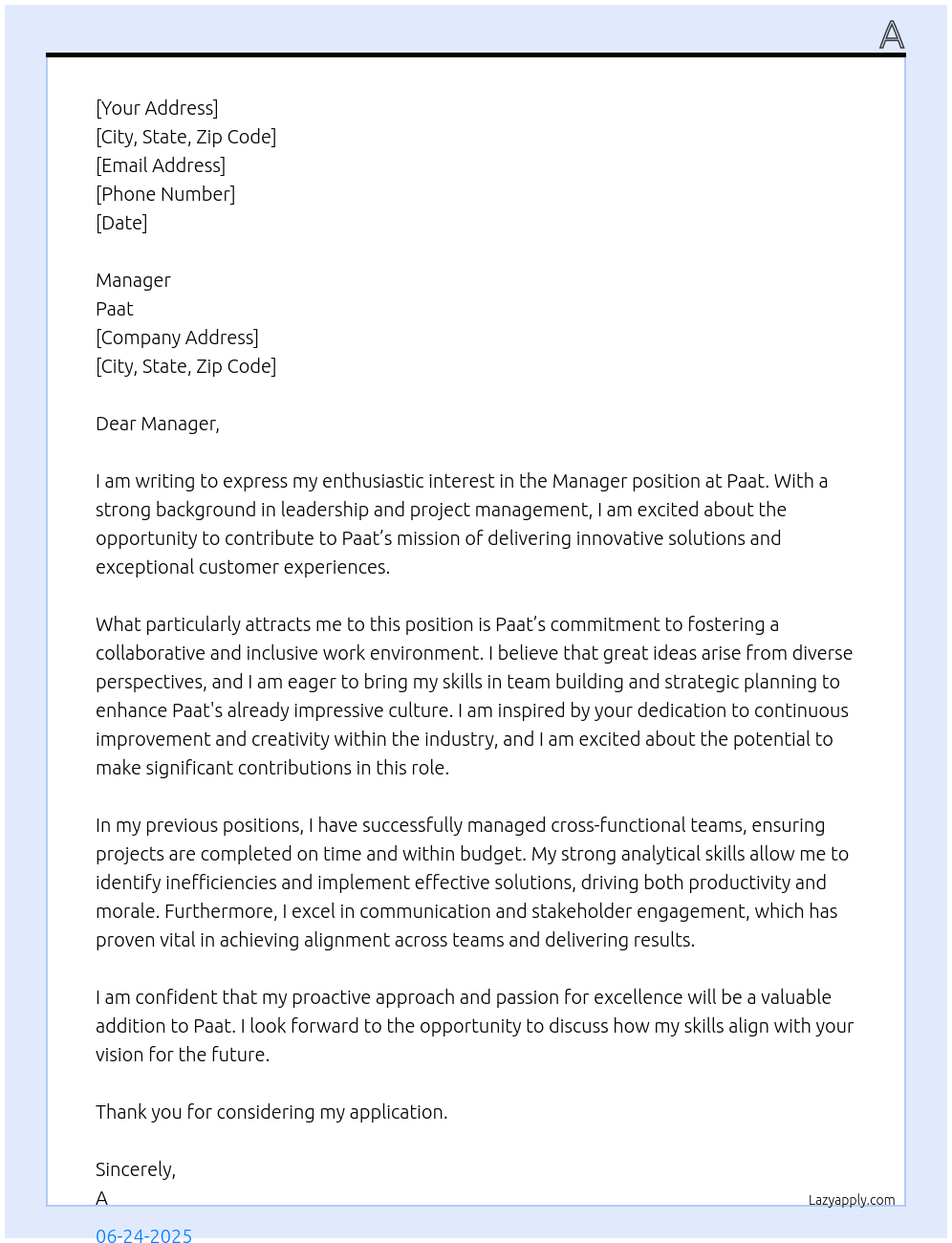 manager  At Paat Cover Letter