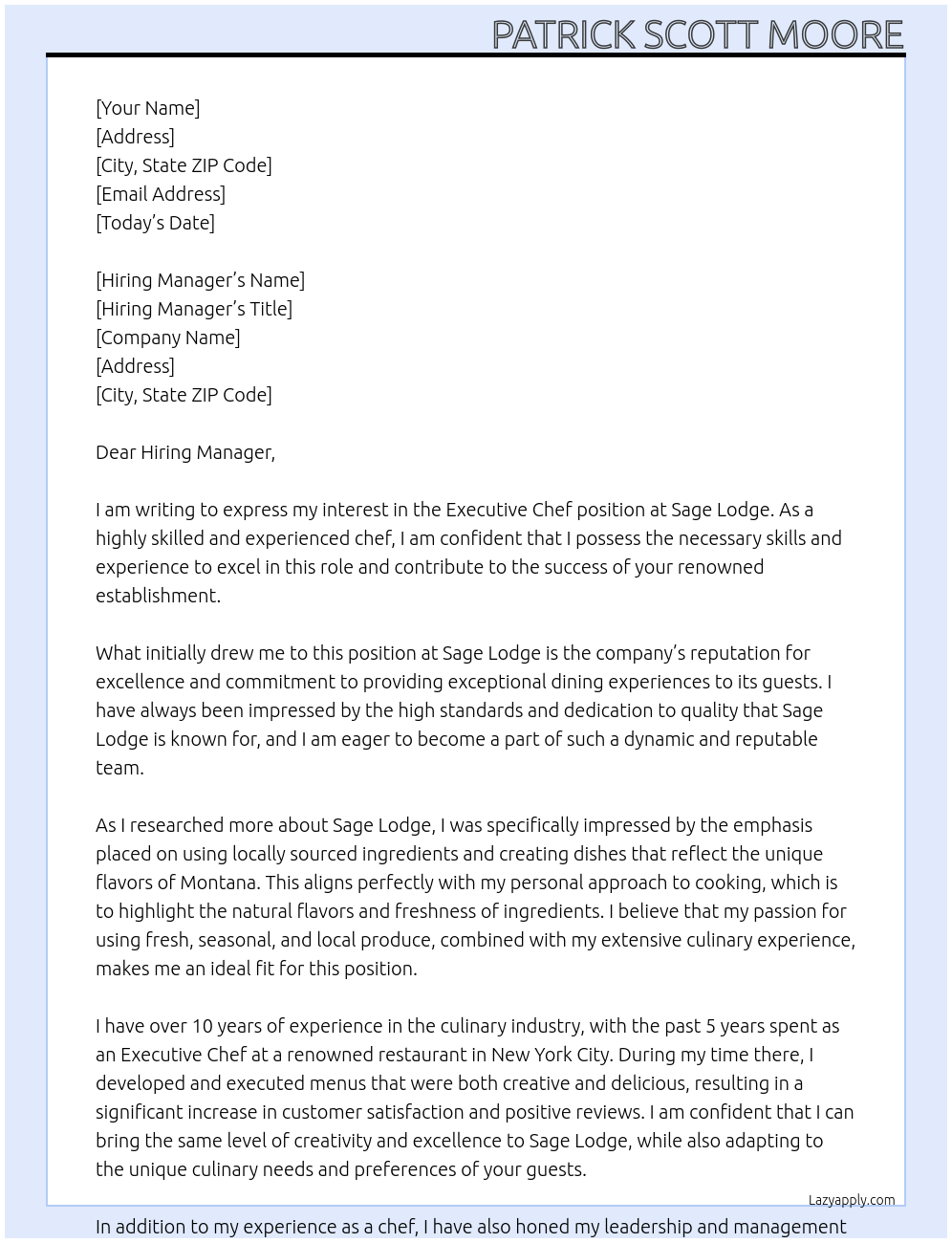 Executive chef At Sage Lodge Cover Letter