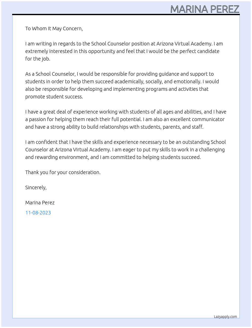 School Counselor At Arizona Virtual Academy Cover Letter