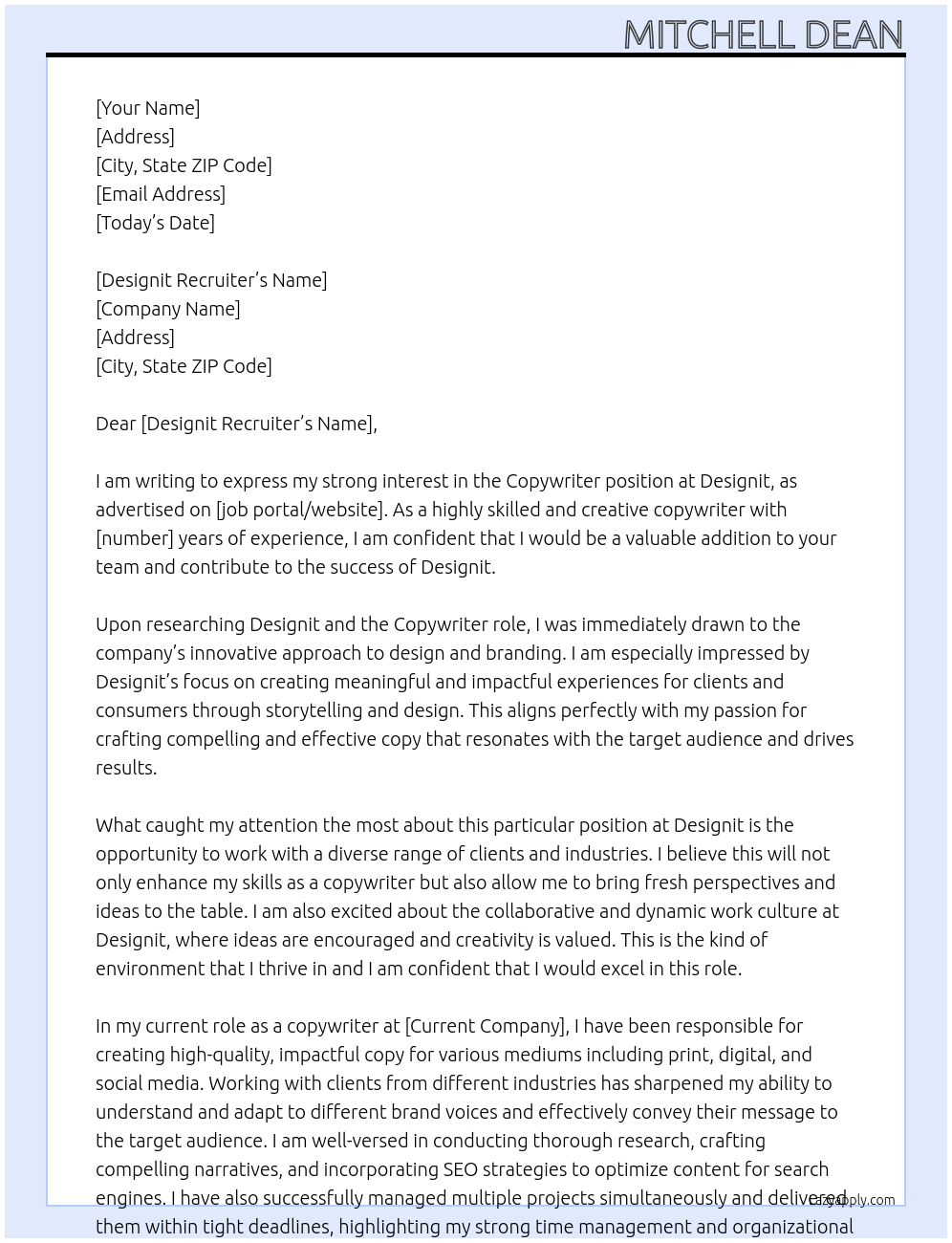 Copywriter At Designit Cover Letter