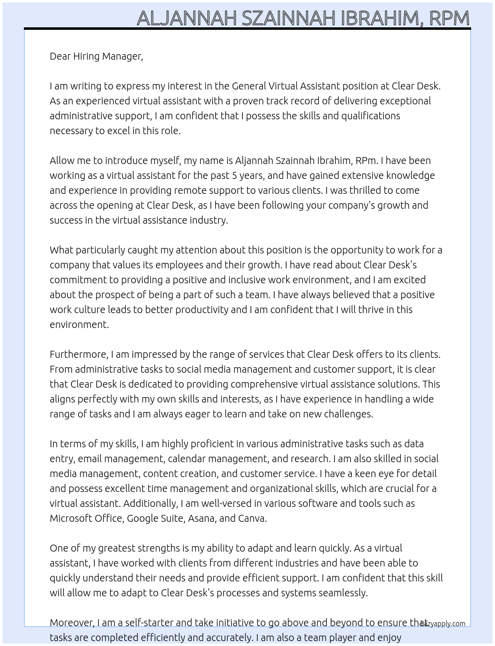 General Virtual Assistant At Clear Desk Cover Letter