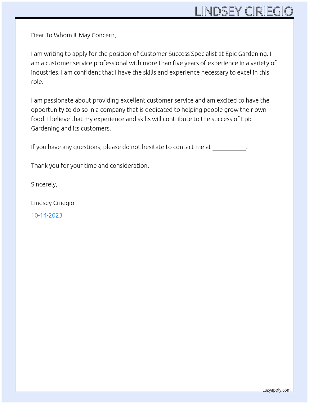 Customer Success Specialist At Epic Gardening Cover Letter