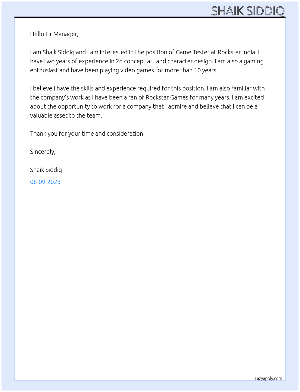 Game Tester At Rockstar India Cover Letter