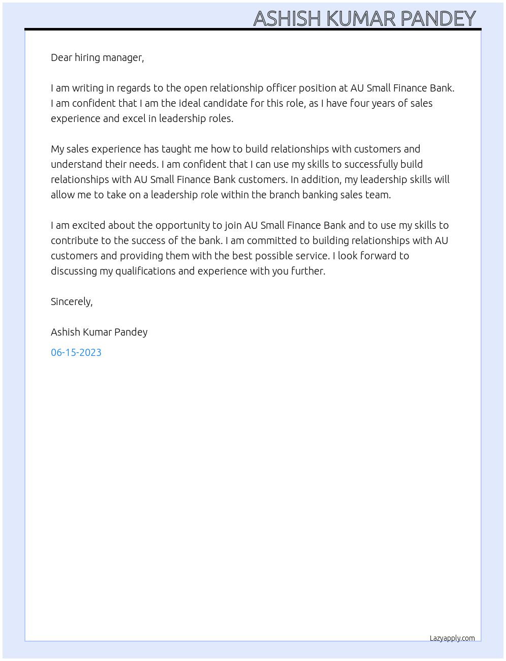 Relationship officer  At AU  Small Finance Bank Cover Letter