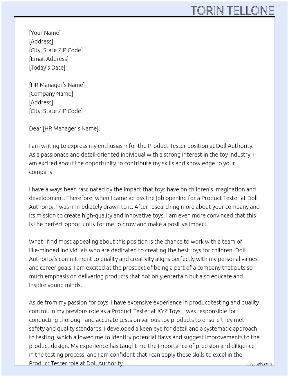 Product Tester At Doll Authority Cover Letter