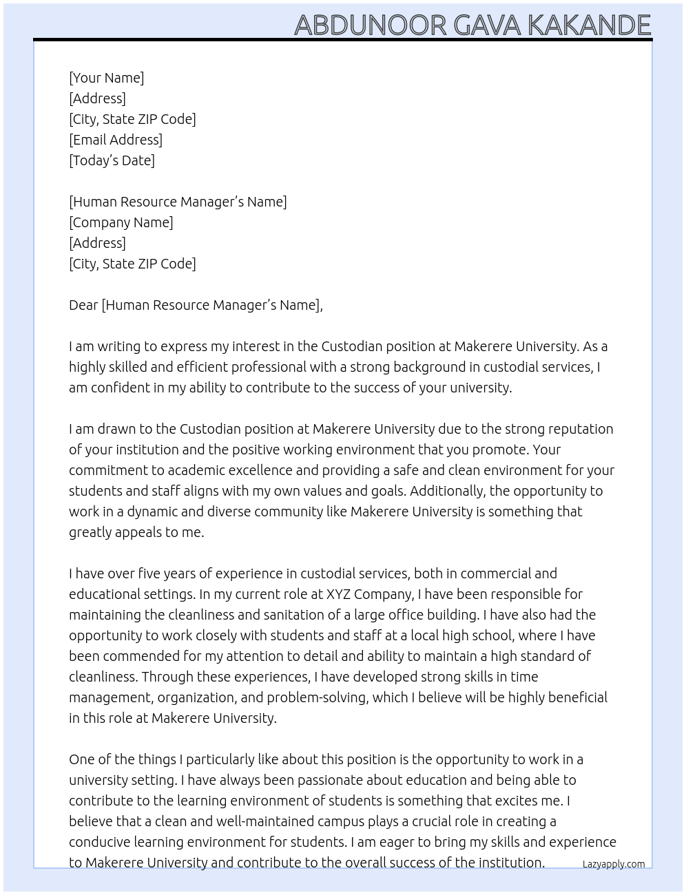 custodian At makerere university Cover Letter