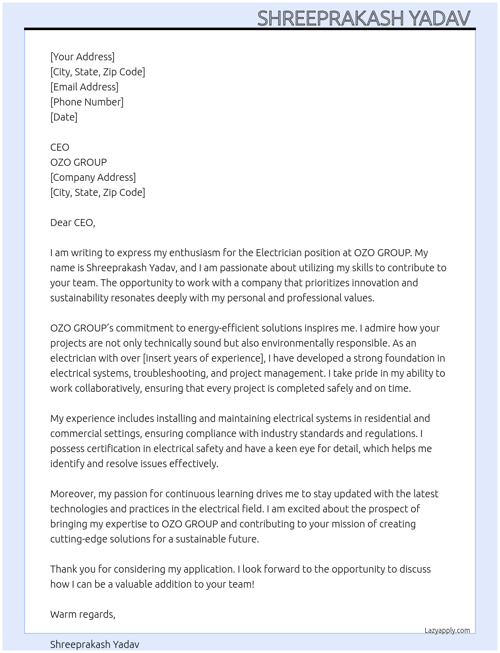 Electrician At OZO GROUP Cover Letter