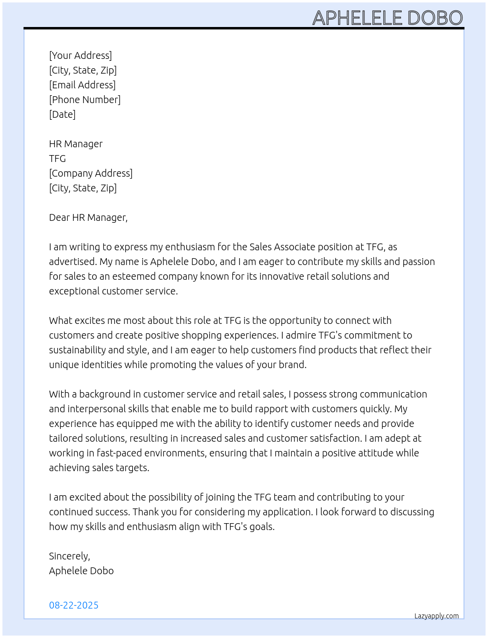 Sales associate At TFG Cover Letter