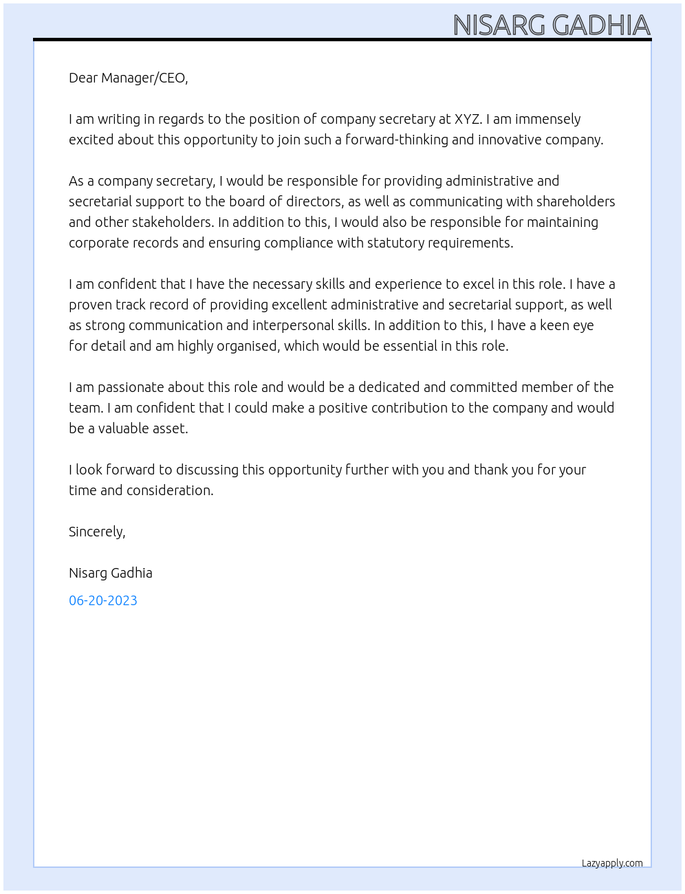 company secretary At xyz Cover Letter