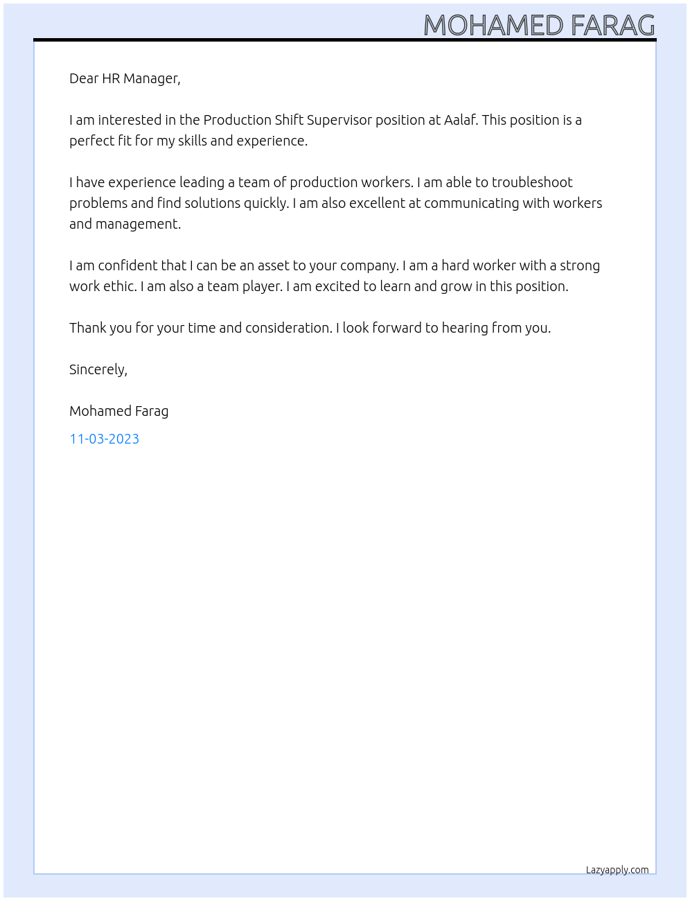 Production Shift Supervisor At Aalaf Cover Letter