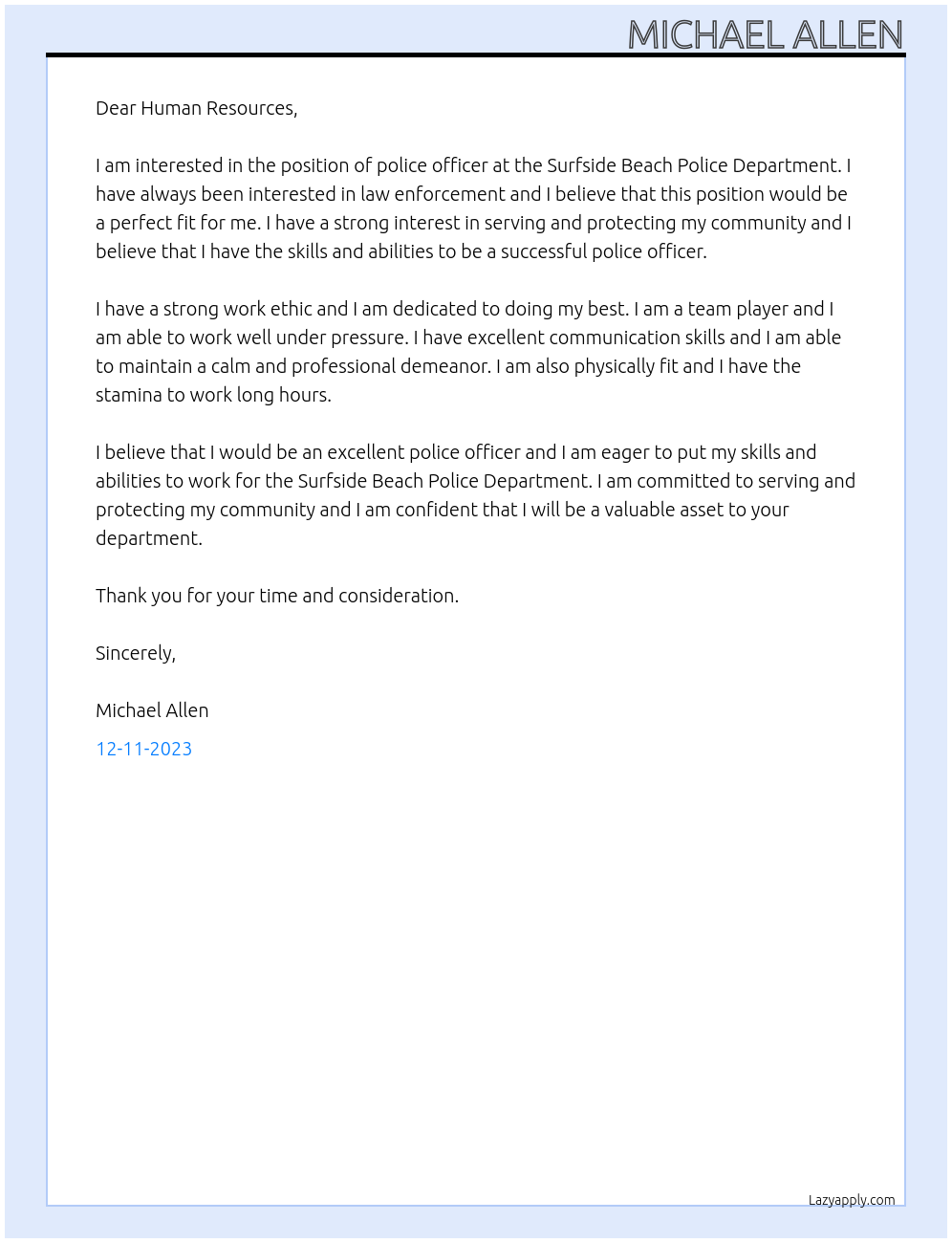 Police officer At Surfside Beach Police Department Cover Letter