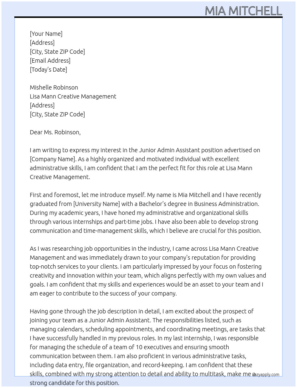 Junior Admin Assistant At Lisa Mann Creative Management Cover Letter