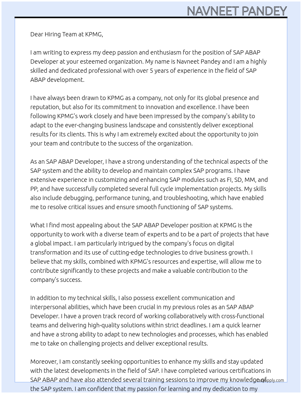 SAP ABAP DEVELOPER At KPMG Cover Letter