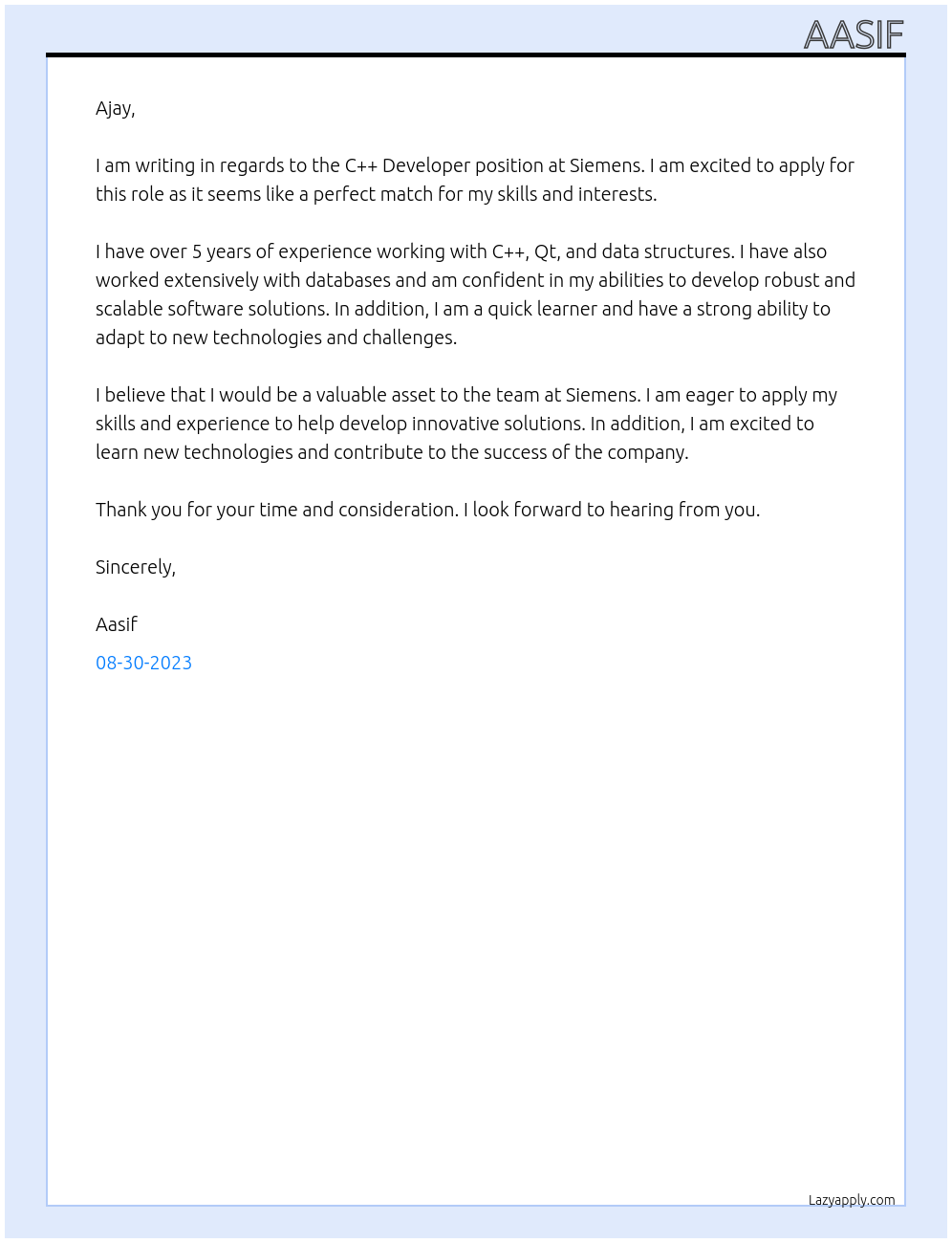 C++ Developer At Siemens Cover Letter