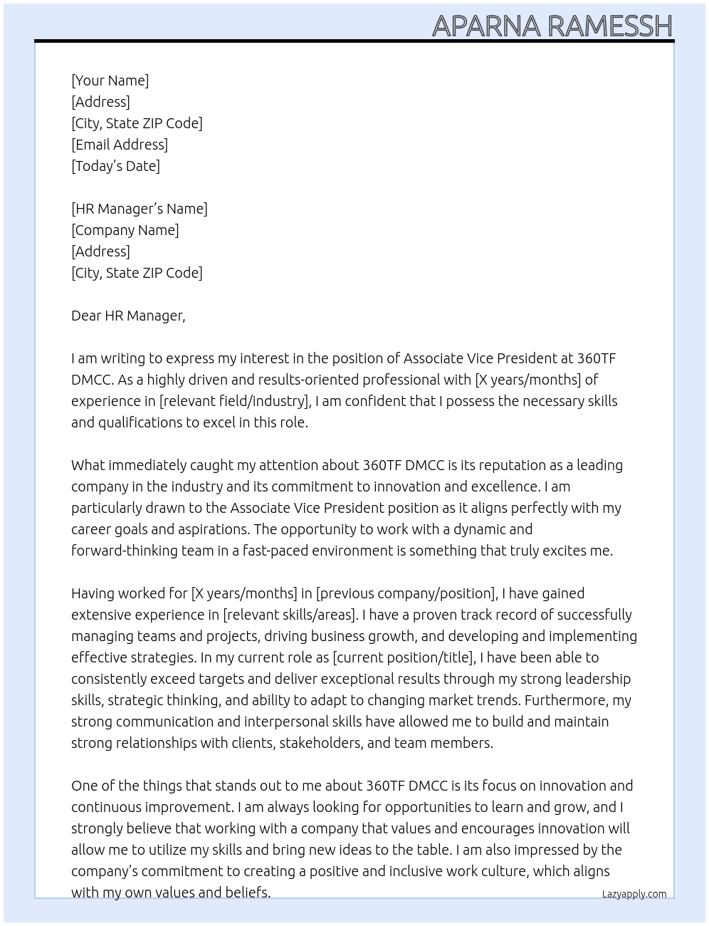 Associate Vice President  At 360TF DMCC Cover Letter