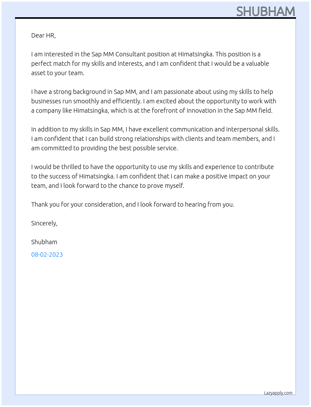 Sap MM Consultant At Himatsingka Cover Letter