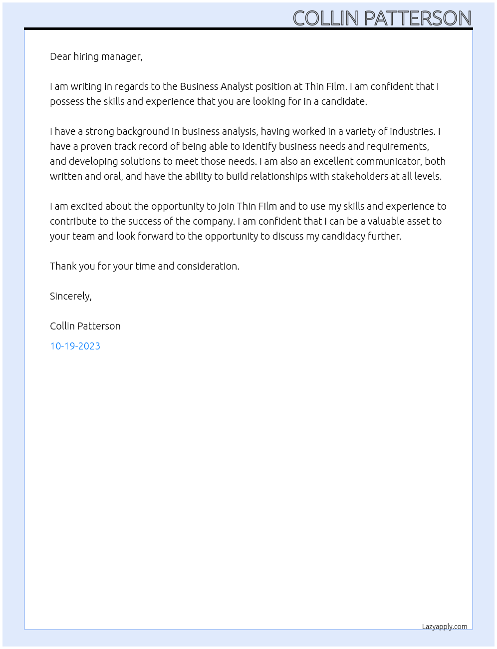 Business Analysts At Thin Film Cover Letter