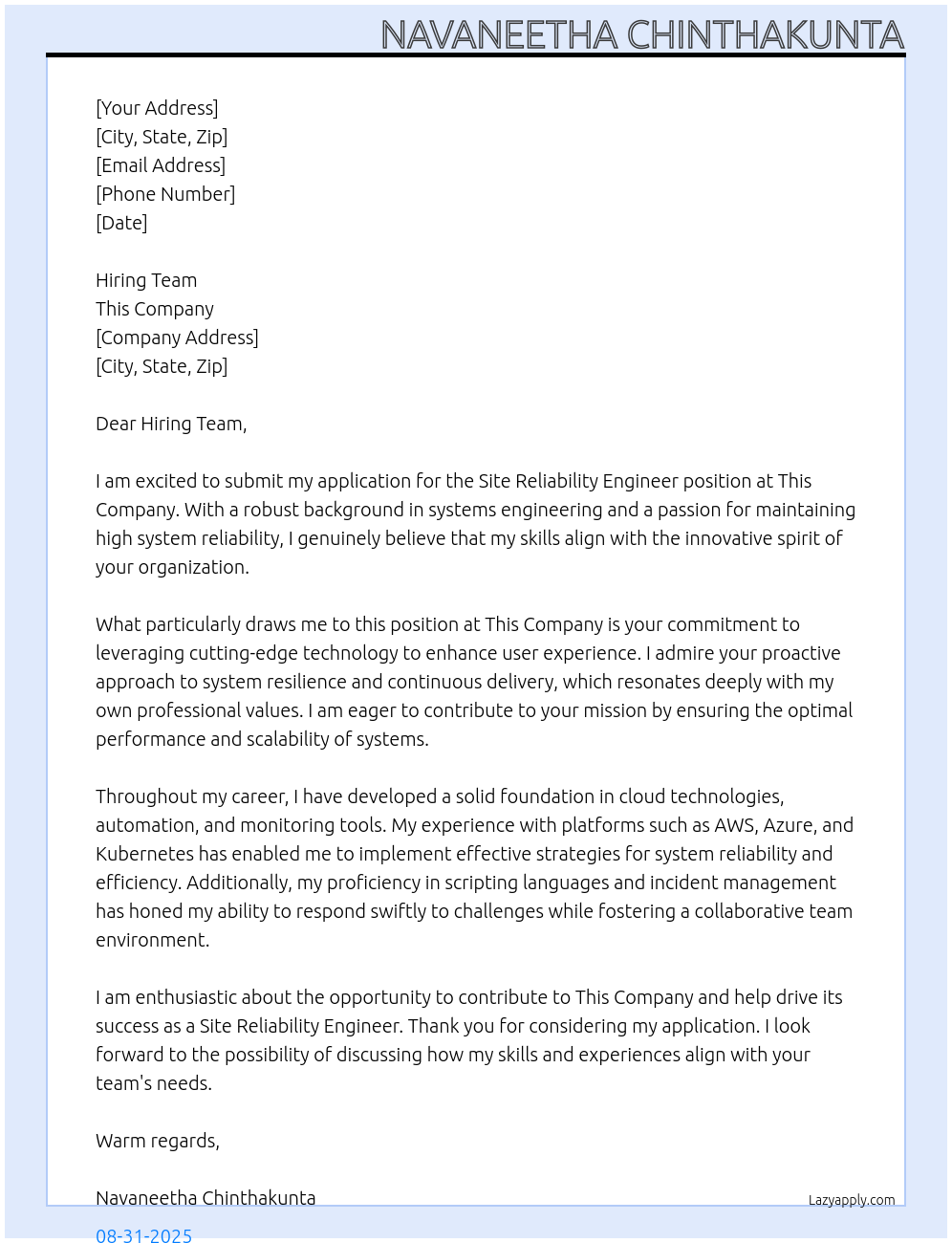 Cover letter for site reliability engineer - LazyApply