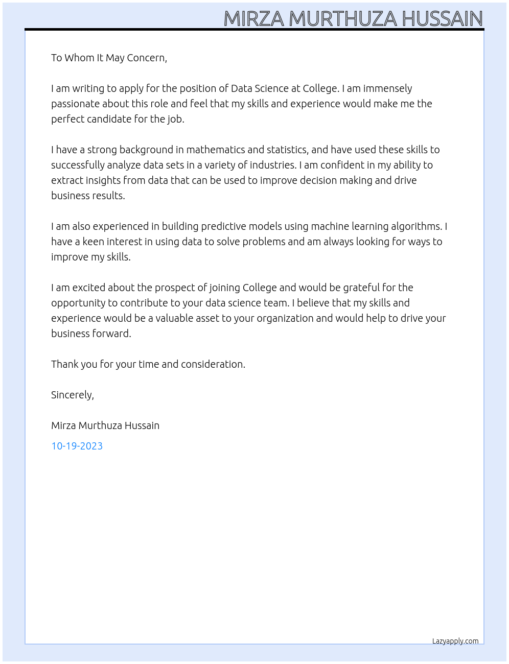 Data Science At College Cover Letter