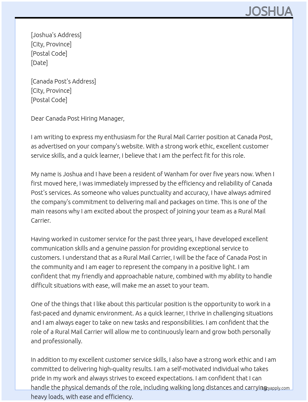 Rural mail carrier  At Canada post  Cover Letter