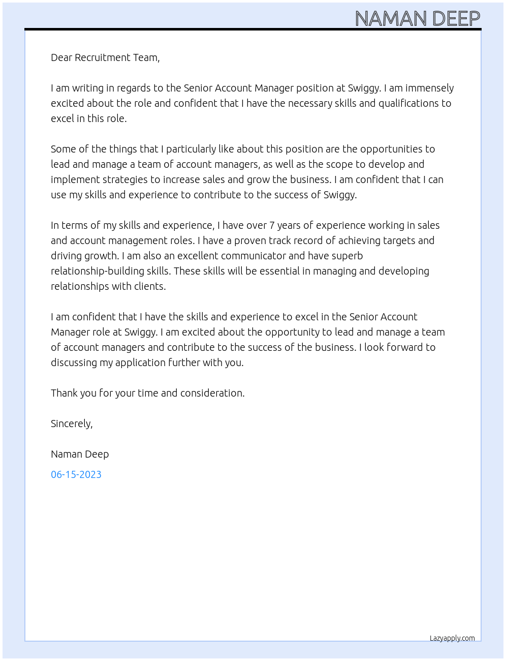 Senior Account Manager At Swiggy Cover Letter