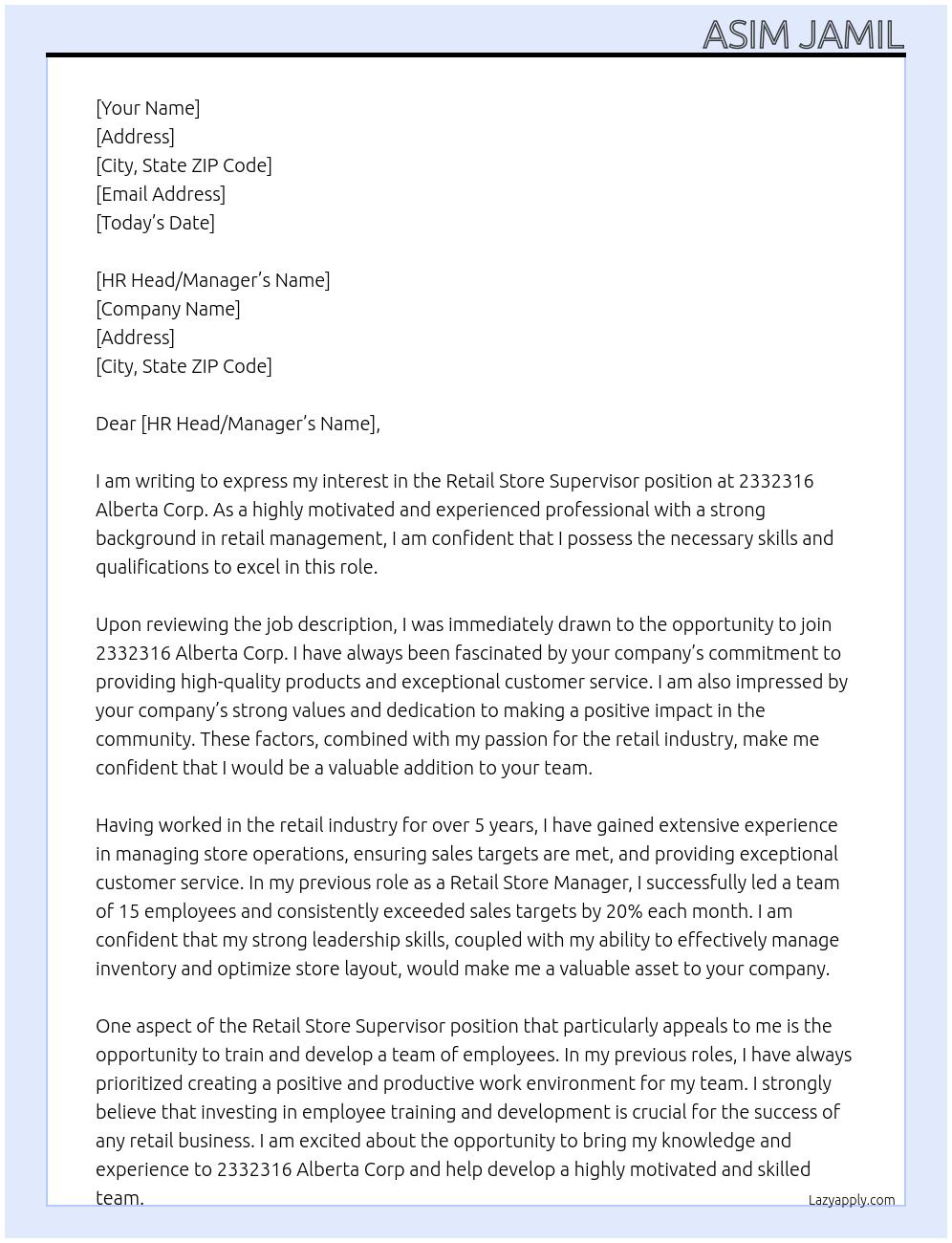 Retail store supervisor At 2332316 Alberta Corp Cover Letter