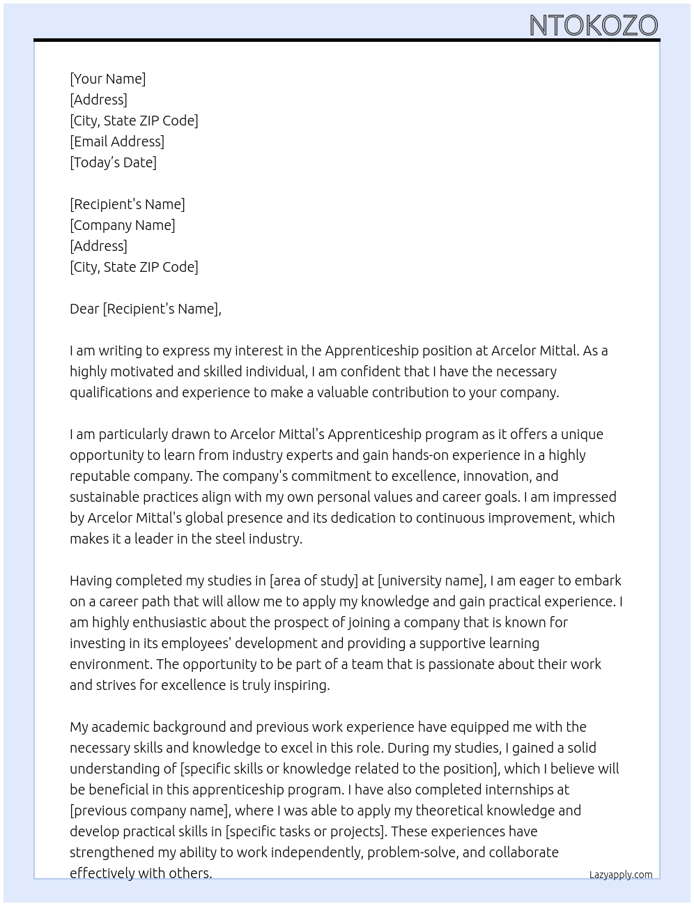 Apprenticeship At Arcelor mittal Cover Letter