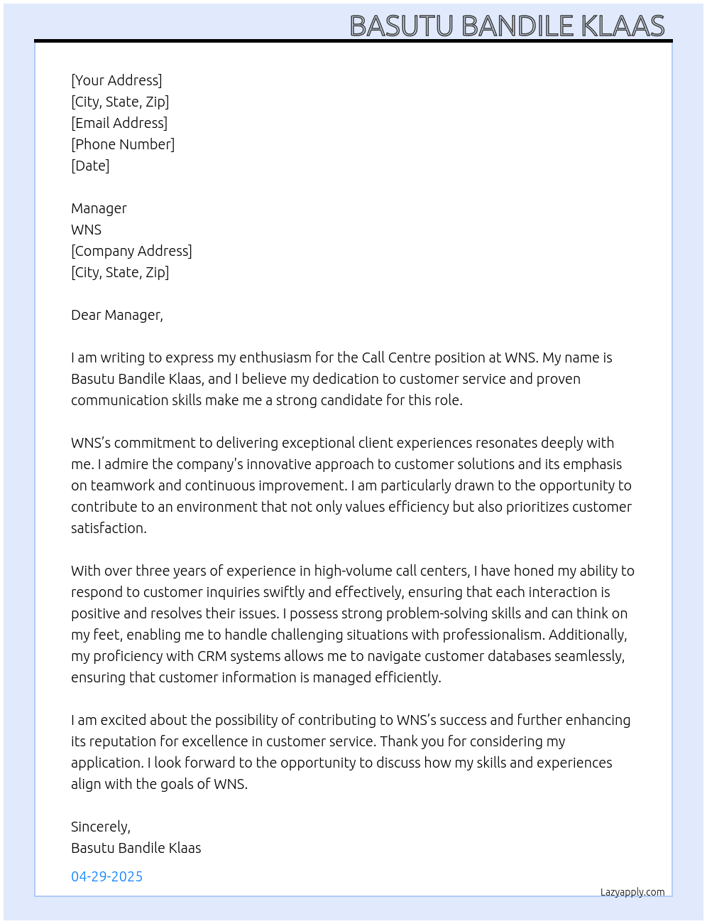 Cover letter for call centre - LazyApply