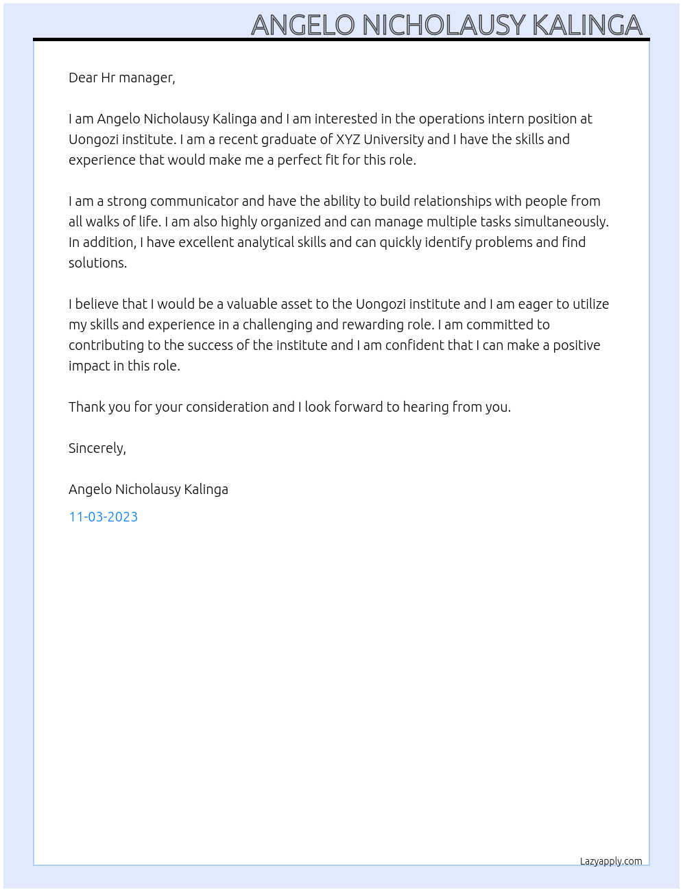 Operations intern At Uongozi institute. Cover Letter
