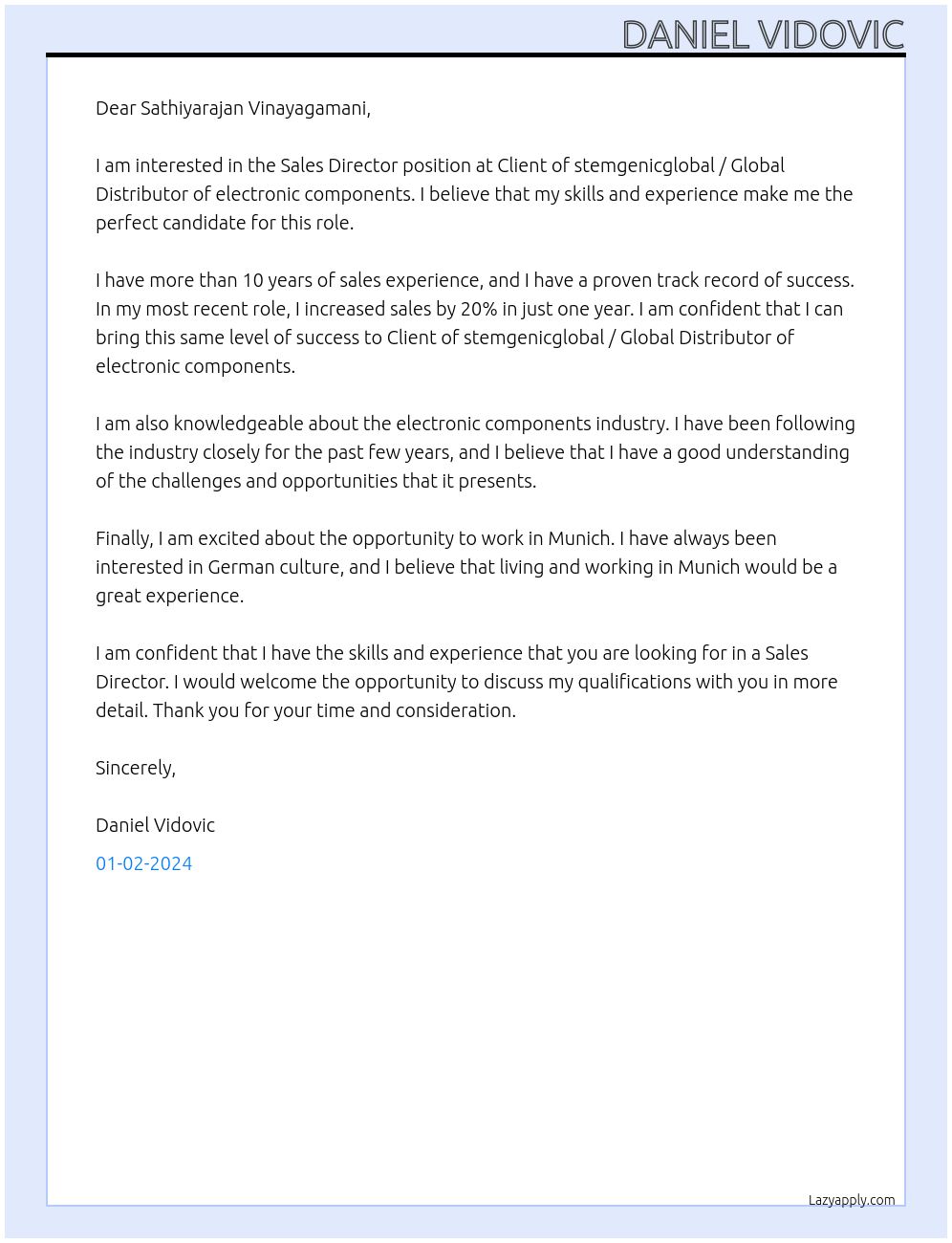 Sales Director At Client of stemgenicglobal / Global Distributor of electronic components  Cover Letter