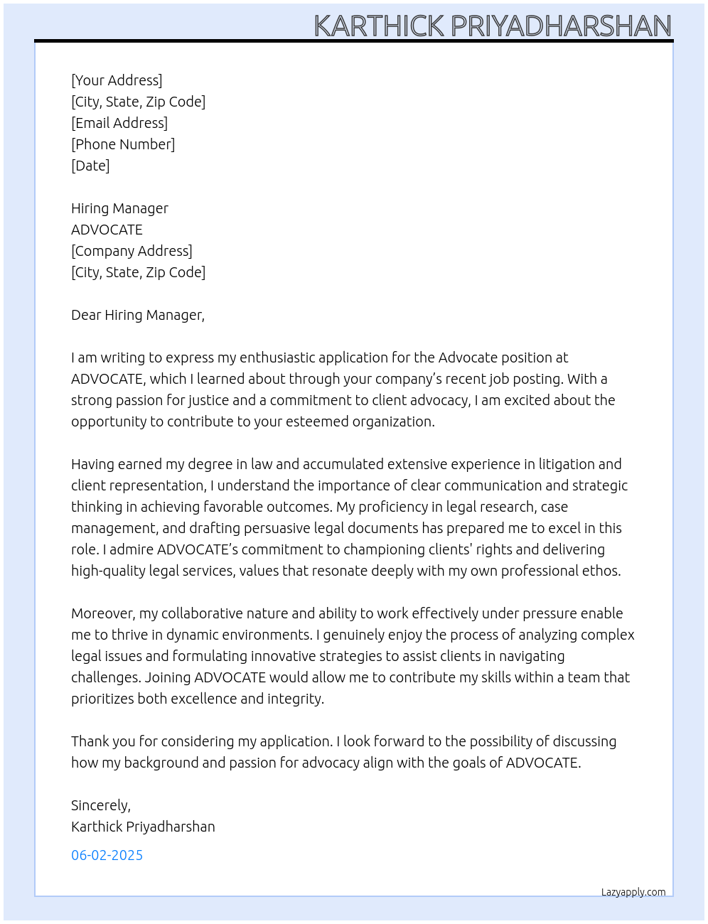 ADVOCATE At ADVOCATE Cover Letter