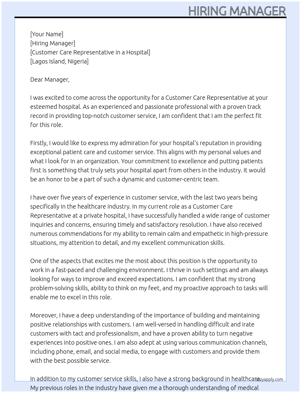 Customer care representative  At Customer care representative in a hospital  Cover Letter