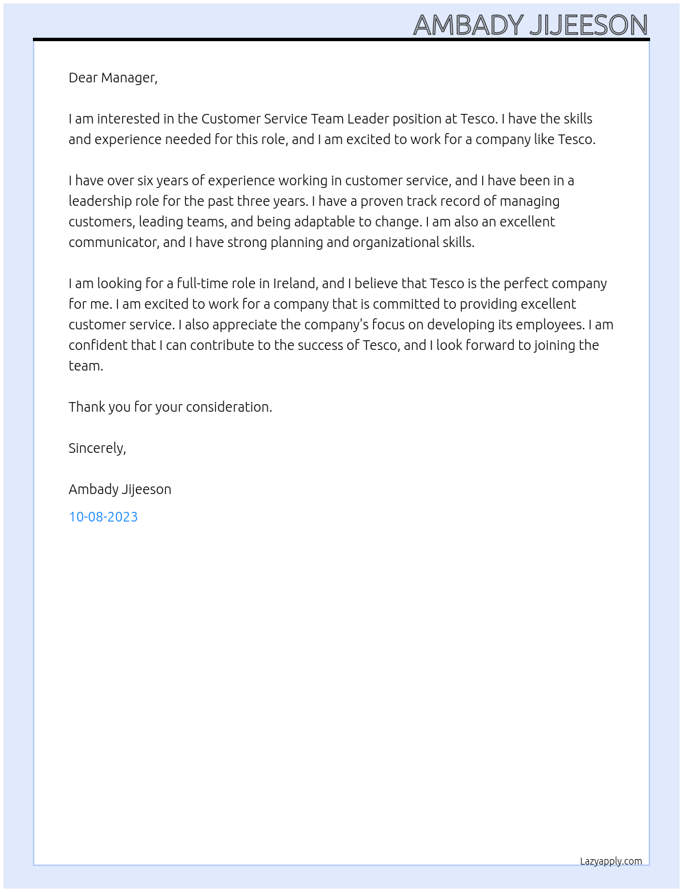 Customer Service Team leader At Tesco Cover Letter