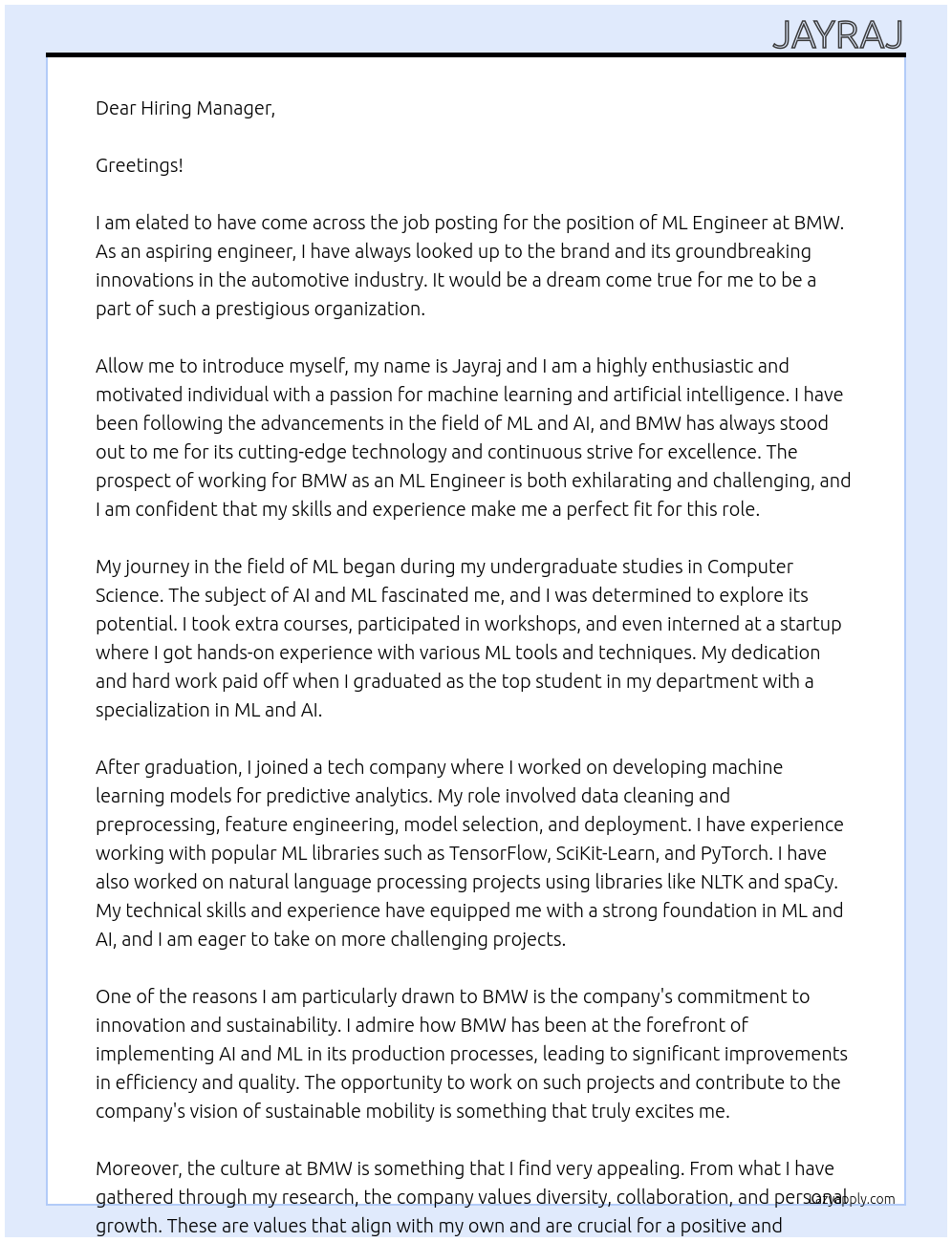 ML engineer At BMW Cover Letter