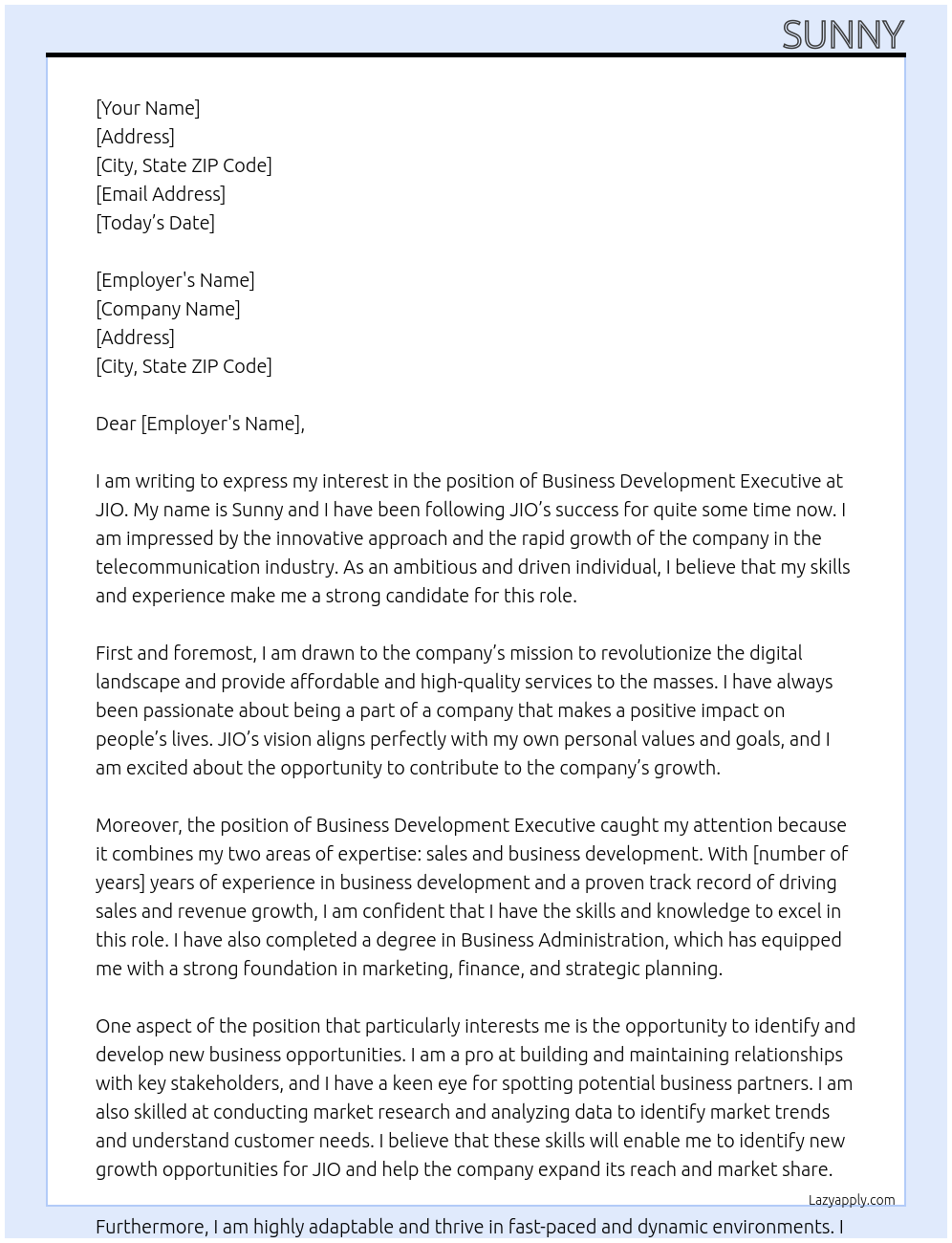 BUSSINESS DEVELOPMENT EXECUTIVE At JIO Cover Letter