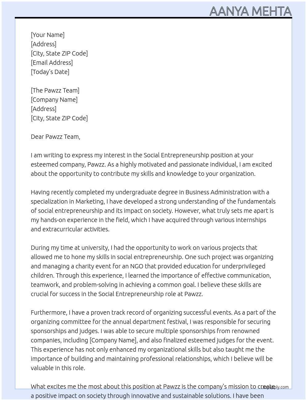 Social Entrepreneurship At Pawzz Cover Letter