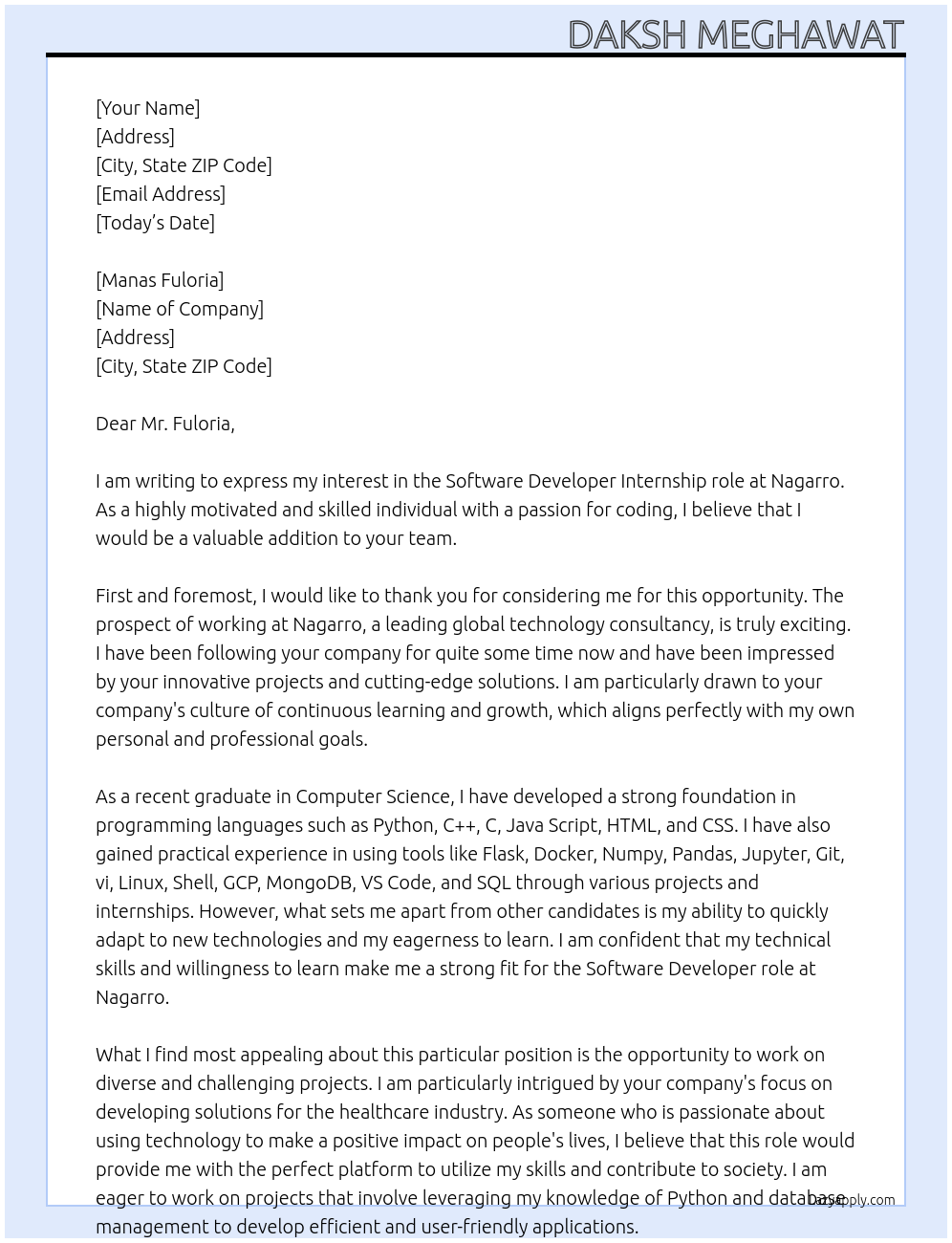 Software devloper At nagarro Cover Letter